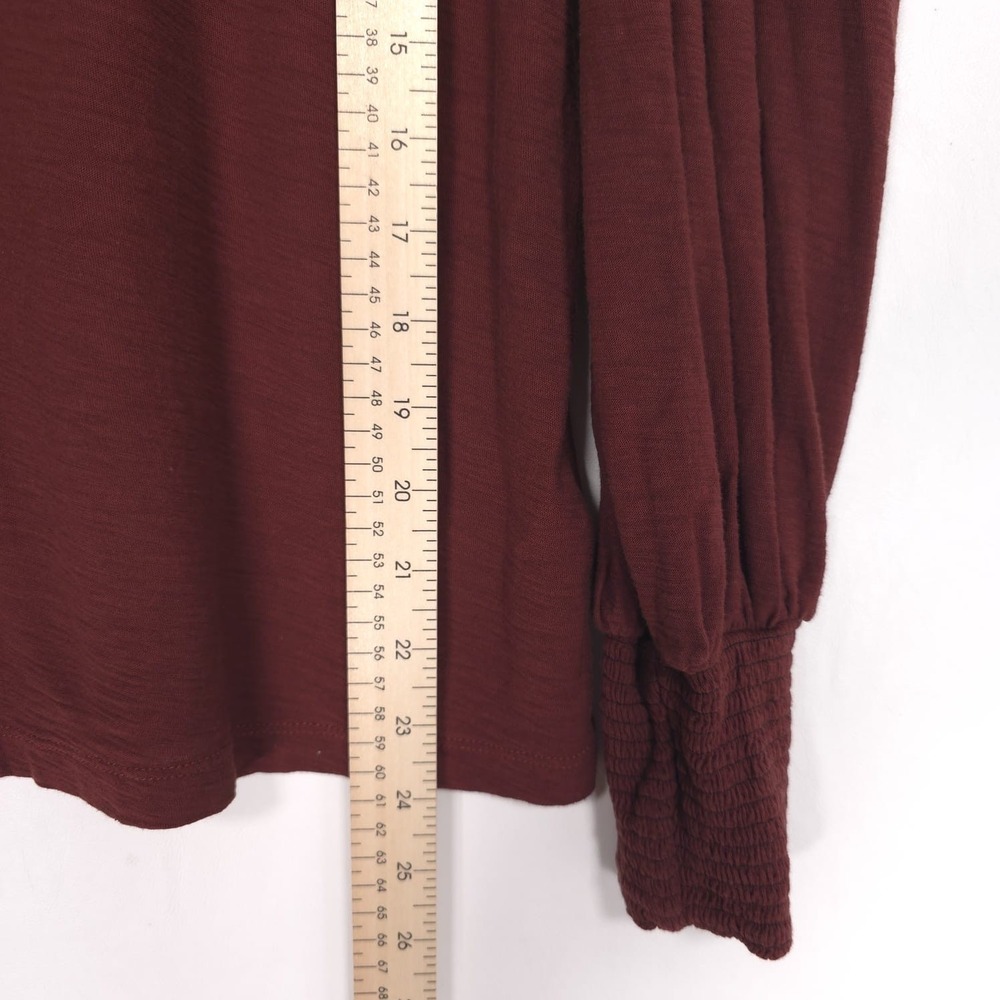 NATION‎ LTD Burgundy Pima Cotton Blouse Long Sleeve Smocked Cuff Women M - Picture 4 of 8